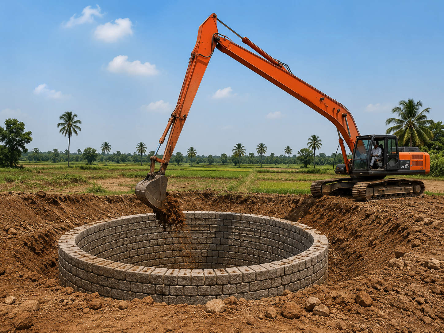 Stone ring lining of a new open well by HiTech in Tamil Nadu