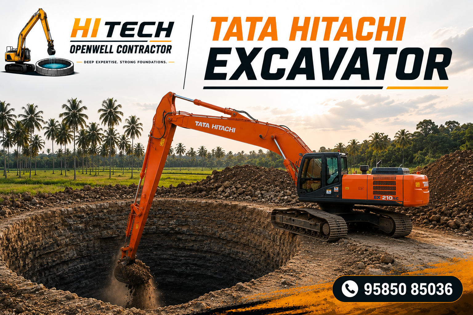 Tata Hitachi long-boom excavator digging a deep open well in Tamil Nadu