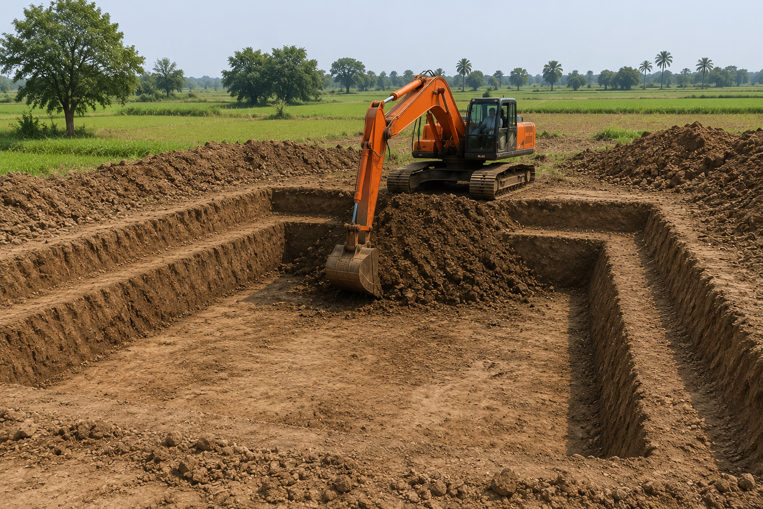 Rectangular farm pond excavation in green Tamil Nadu paddy fields
