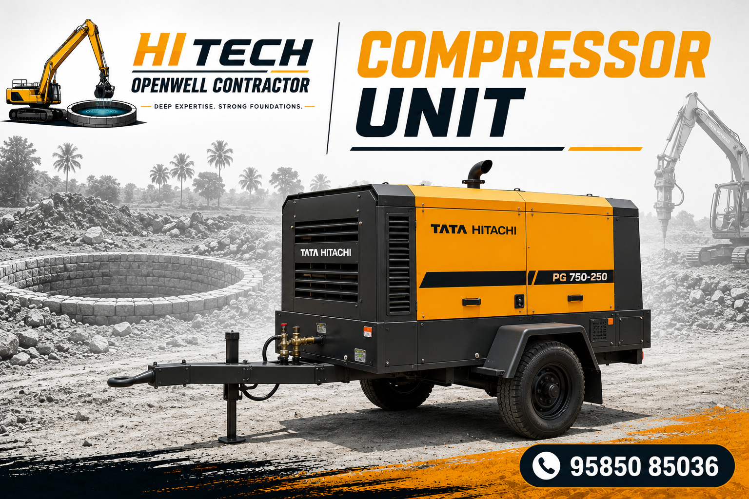 Tata Hitachi PG 750-250 compressor unit for rock breaking in open wells