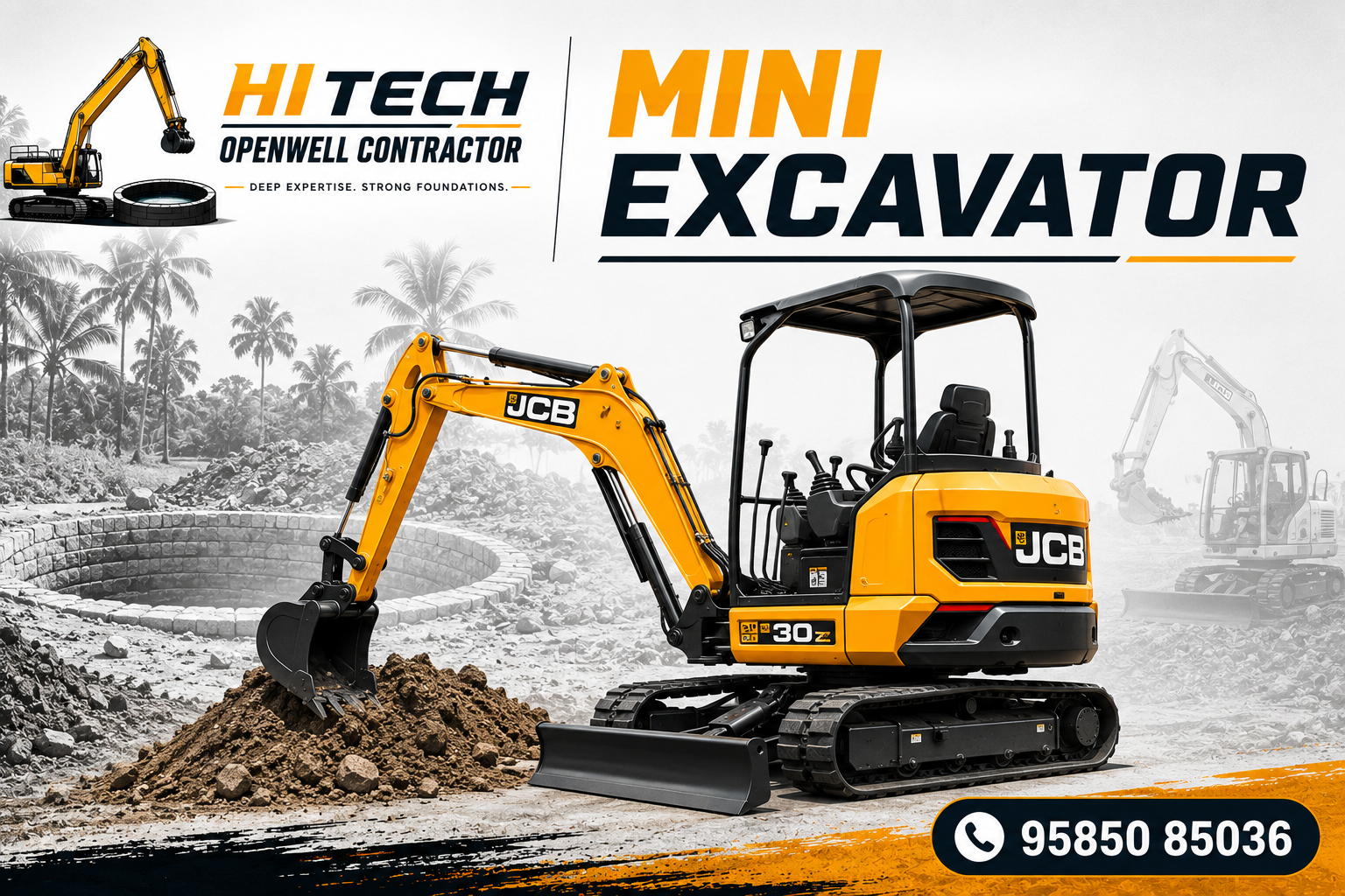 Mini excavator working on stone-ring lined open well construction