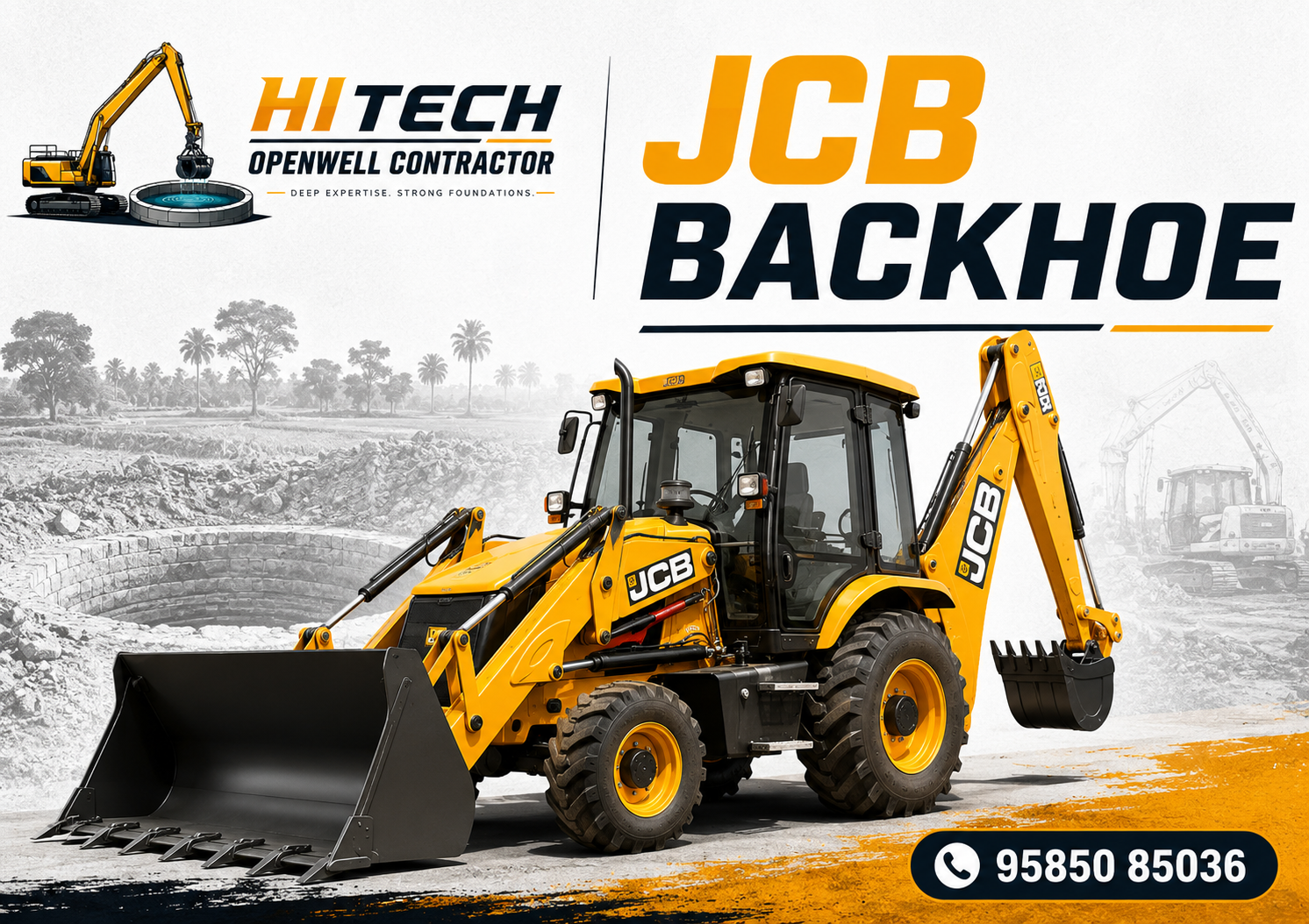 JCB backhoe loader used for open well digging and site preparation