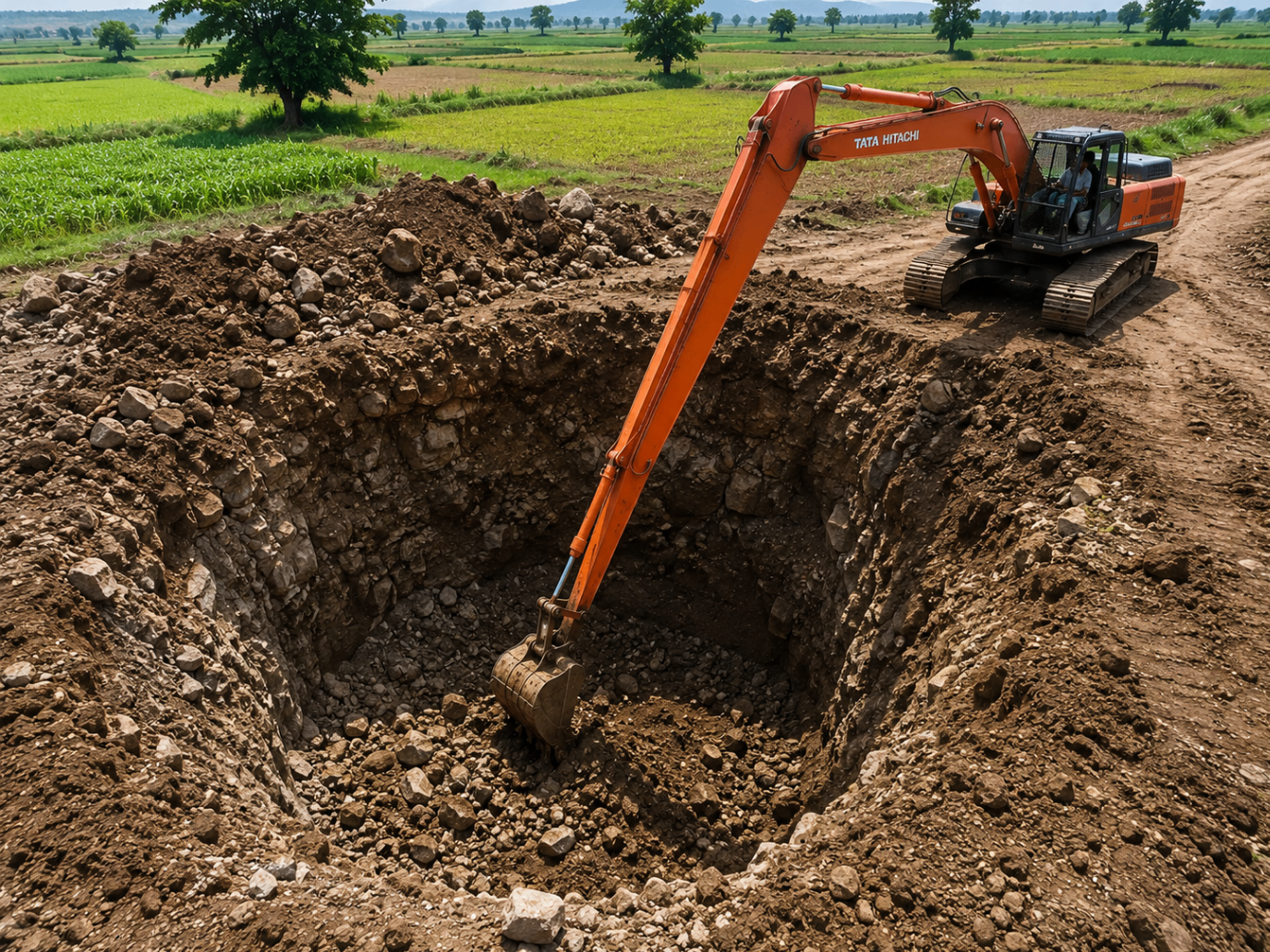 Deep rocky open well excavation using Tata Hitachi long-boom excavator