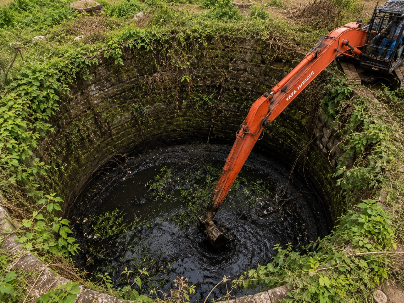 Tata Hitachi excavator cleaning and deepening an old stone-lined open well