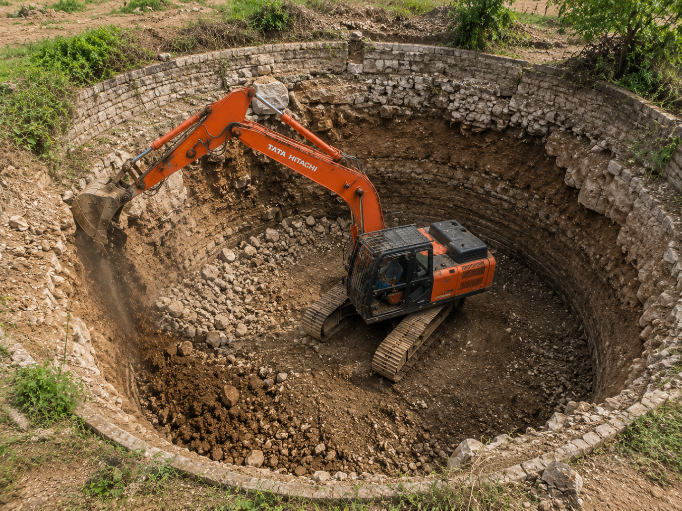 Tata Hitachi excavator widening a large stone-ring lined open well